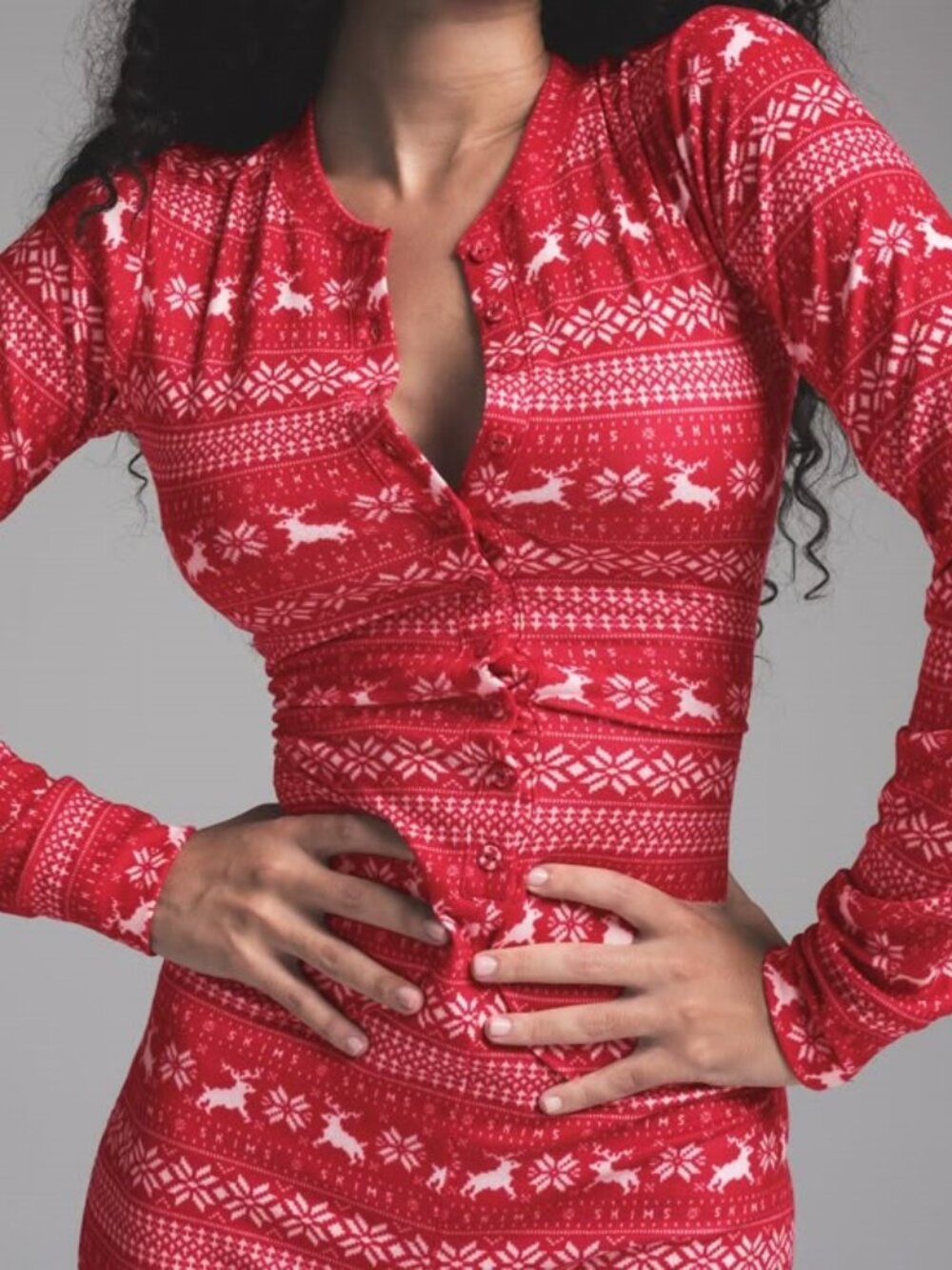 📍🦌SKIMS Logo Plush Pointelle Onesie | Red Deer Fairisle | S | NWT 🏷️